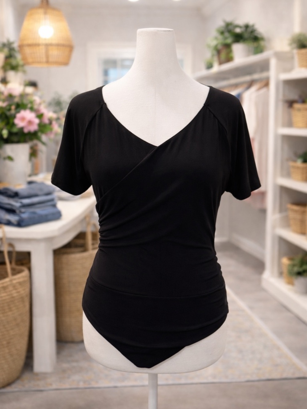 White Birch Black Bodysuit Faux Wrap Stitch Detail Ruched Short Sleeve 1X 2X 3X